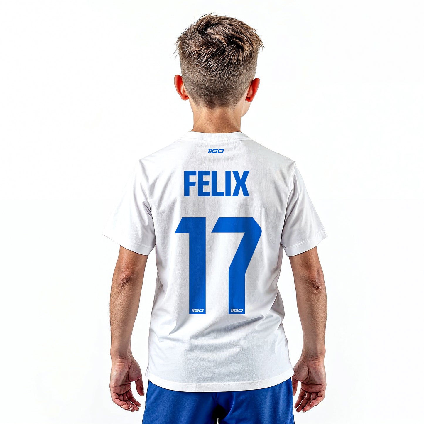 Personalisiertes Kinder-Fußball Set Weiß - Blau mit eigenem Namen und Nummer