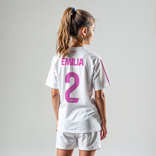 Personalisiertes Fußballtrikot mit Hose Weiß - Rosa mit eigenem Namen und Nummer