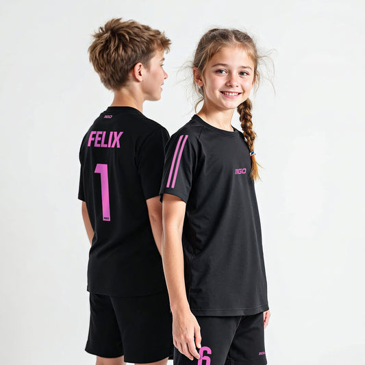 Personalisiertes Kinder-Fußball Set Schwarz- Rosa mit eigenem Namen und Nummer