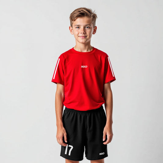 Personalisiertes Fußballtrikot mit Hose Rot - Schwarz mit eigenem Namen und Nummer