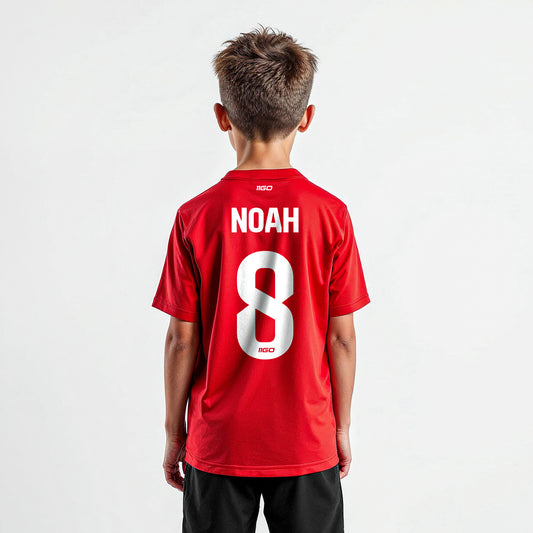 Personalisiertes Kinder-Fußball Set Rot - Schwarz mit eigenem Namen und Nummer