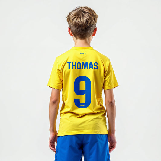 Personalisiertes Kinder-Fußball Set Gelb - Blau mit eigenem Namen und Nummer