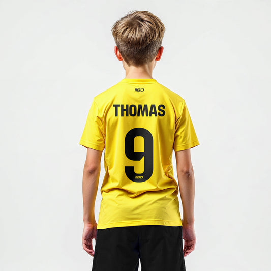 Personalisiertes Kinder-Fußball Set Gelb mit eigenem Namen und Nummer