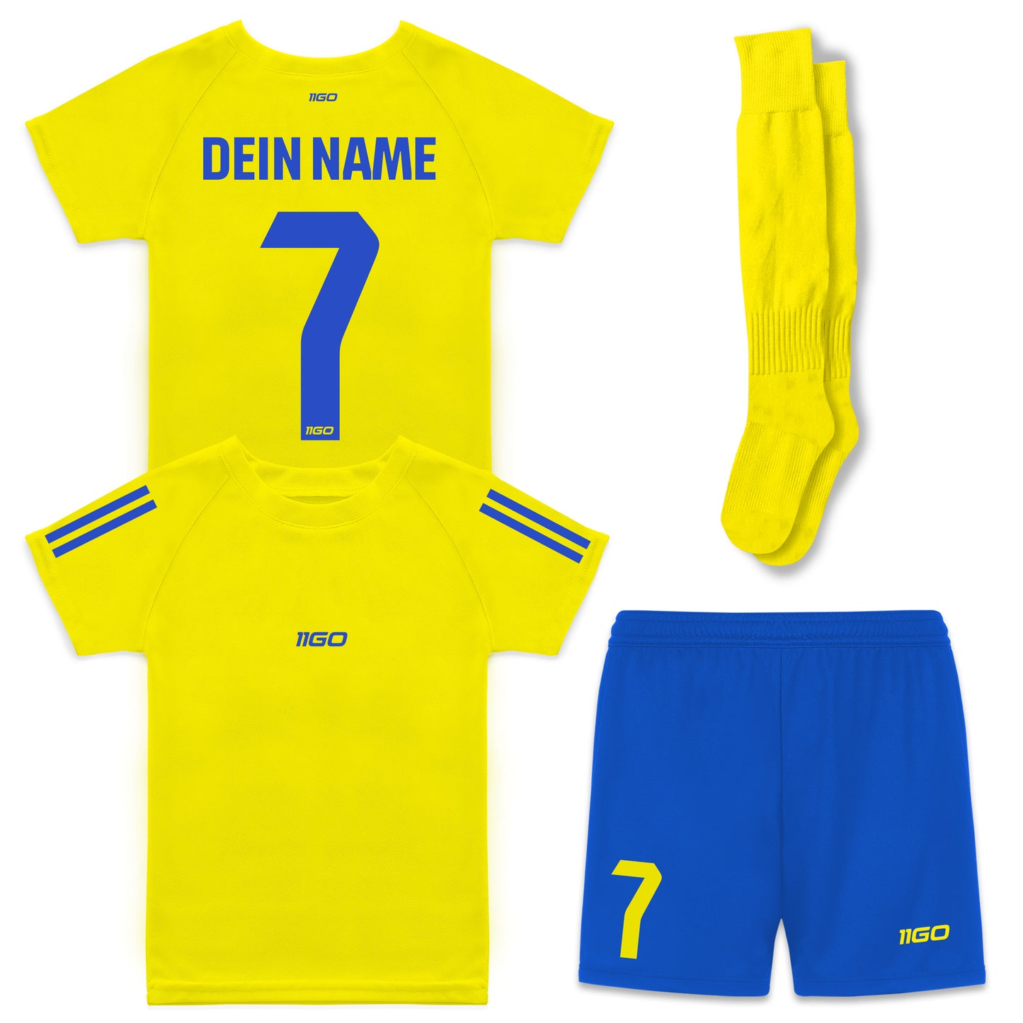 Personalisiertes Kinder-Fußball Set Gelb - Blau mit eigenem Namen und Nummer