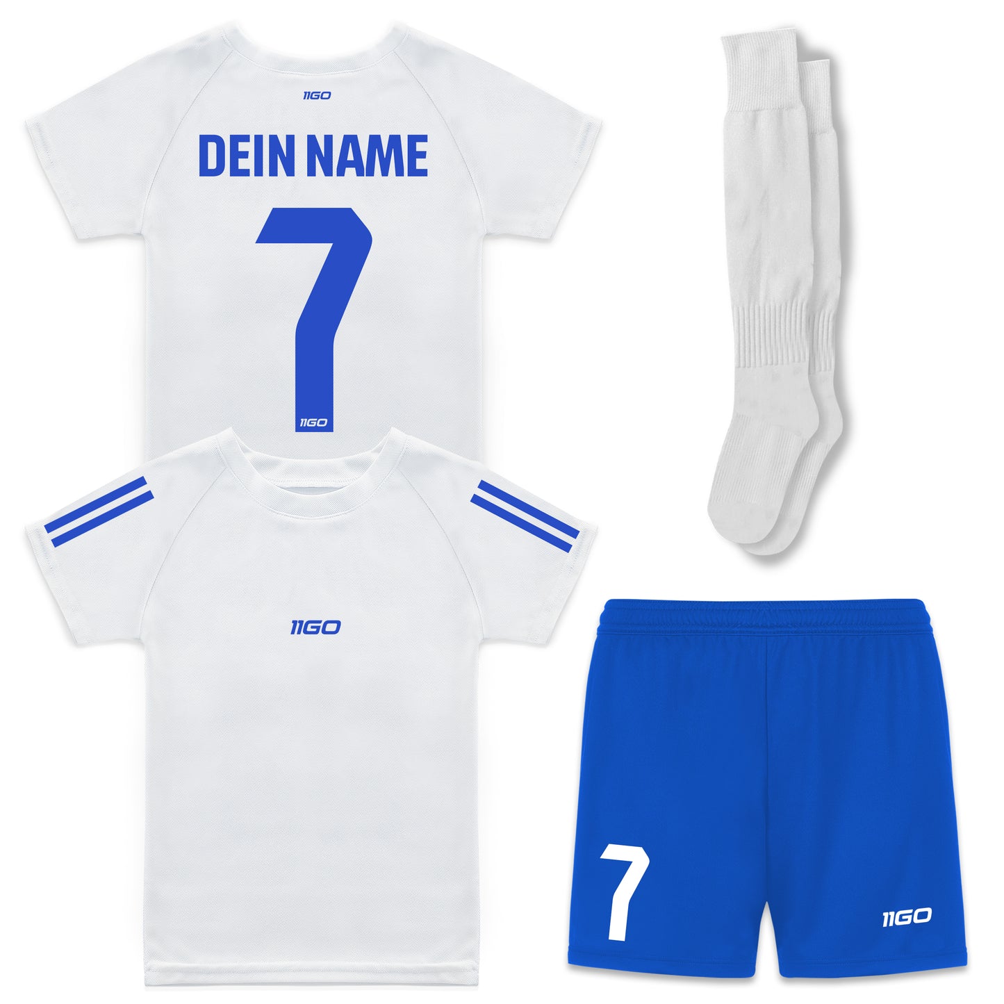 Personalisiertes Kinder-Fußball Set Weiß - Blau mit eigenem Namen und Nummer
