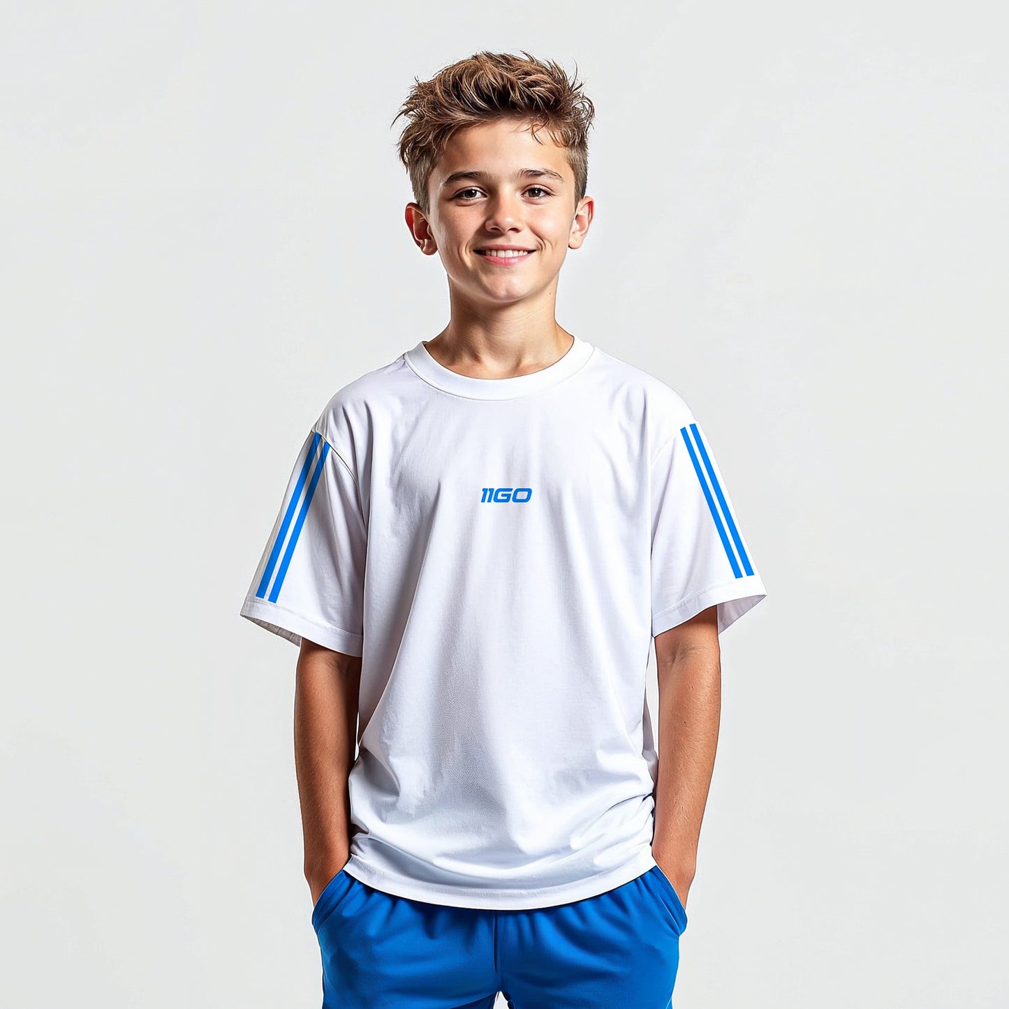 Personalisiertes Kinder-Fußball Set Weiß - Blau mit eigenem Namen und Nummer