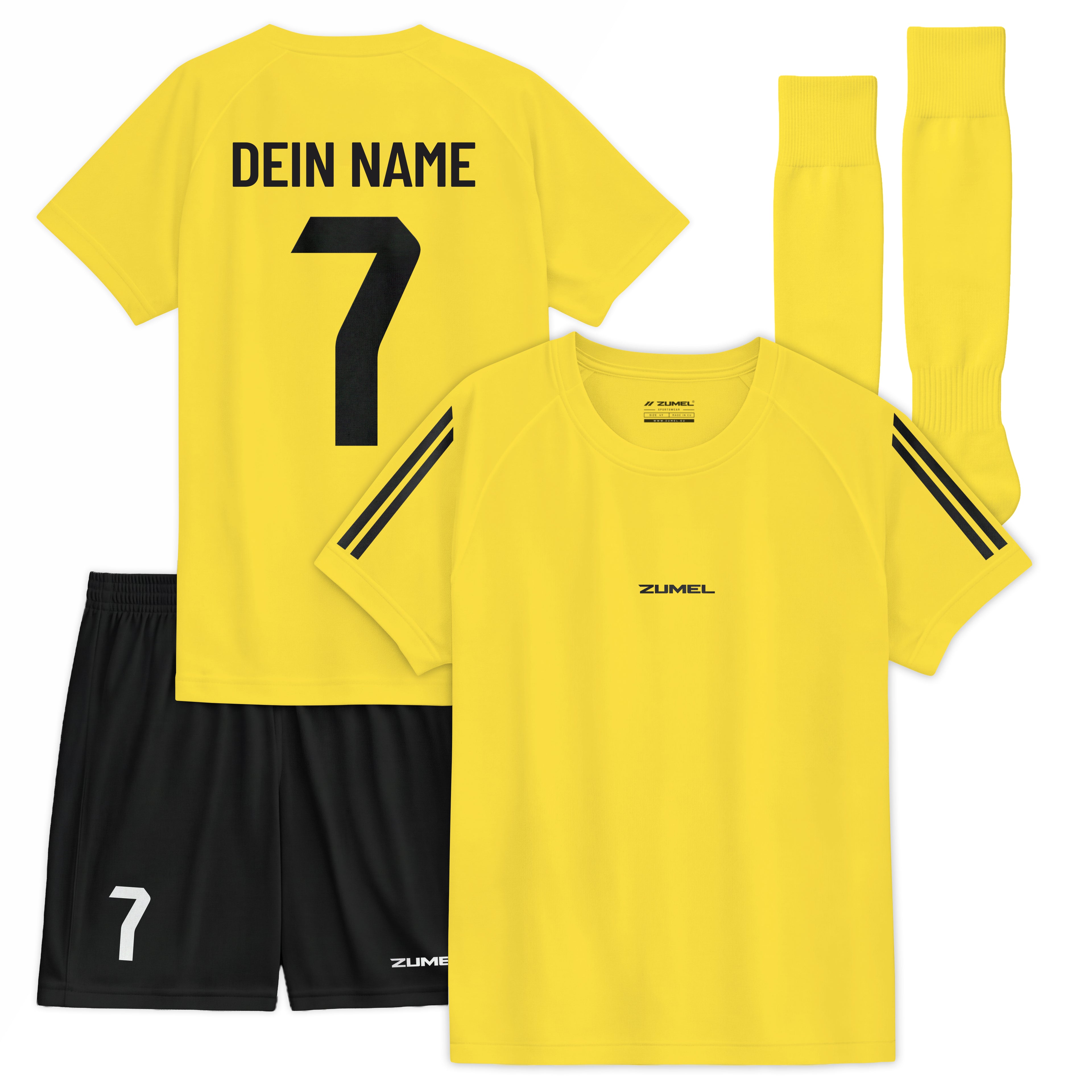 Personalisiertes gelbes Kinder-Fußballset mit Namen und Nummer