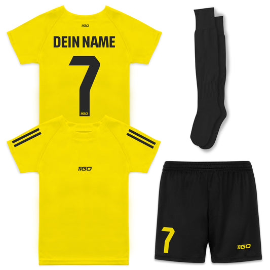 Personalisiertes Kinder-Fußball Set Gelb mit eigenem Namen und Nummer