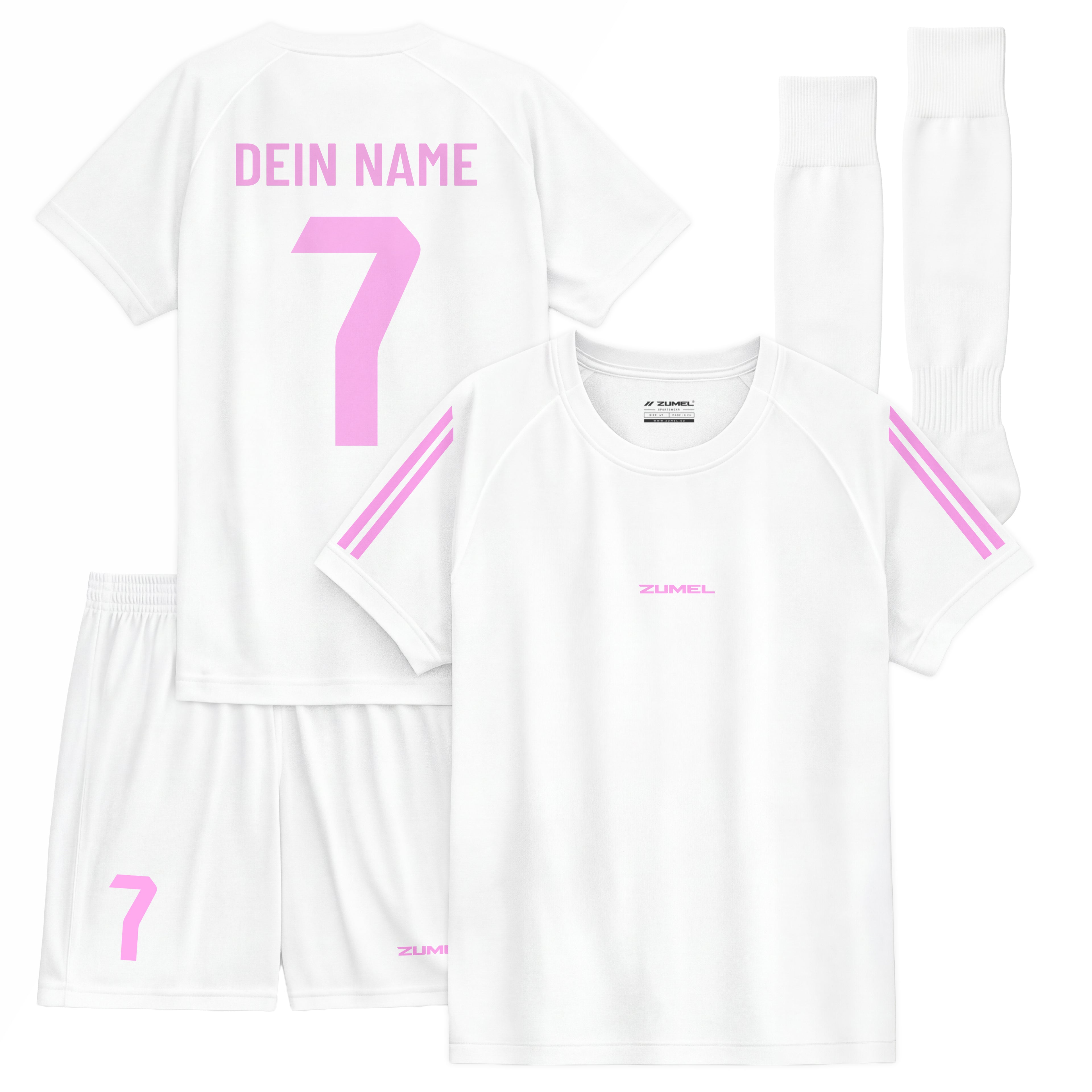 Kinder Fußball Set Weiß – Rosa personalisiert mit Name & Nummer