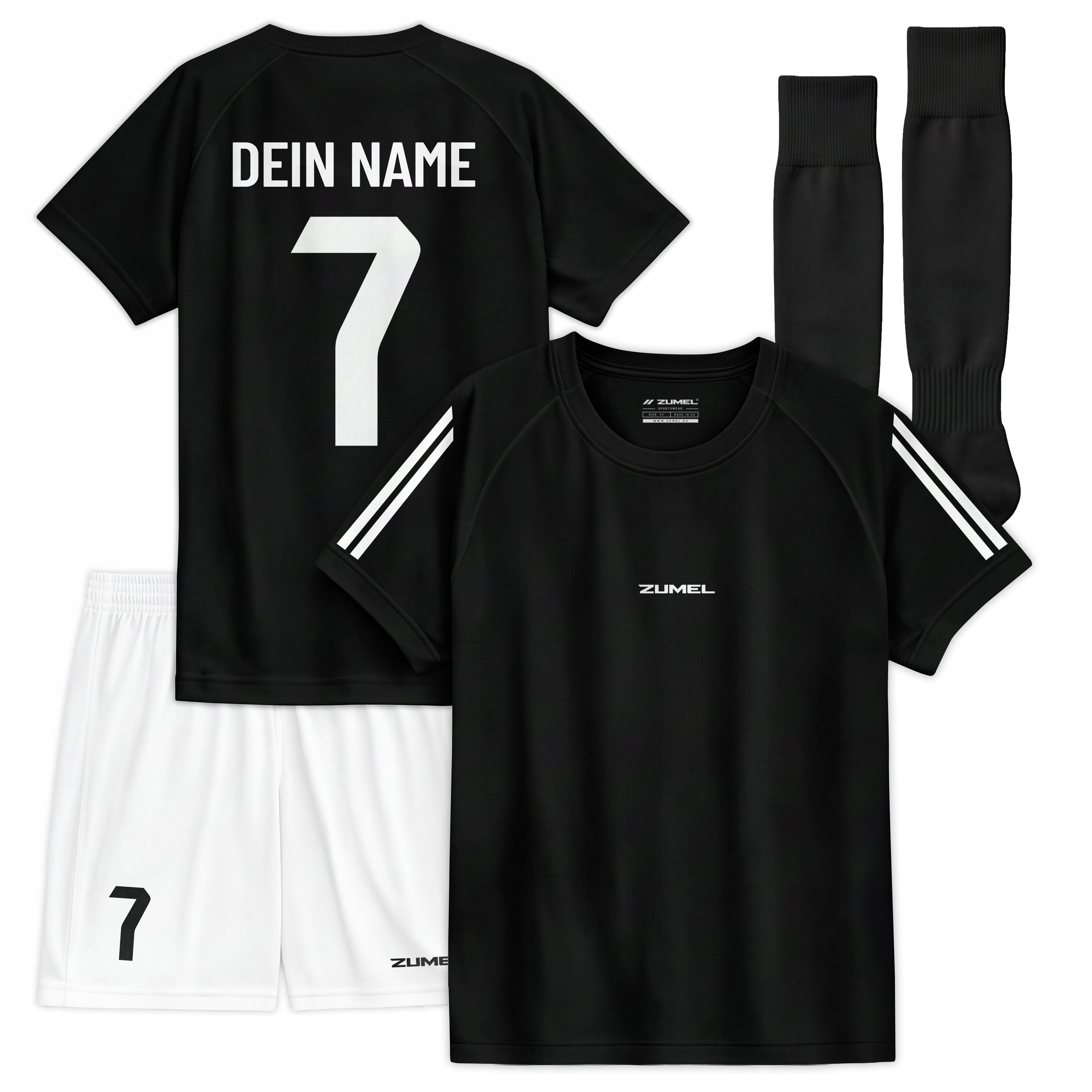 Personalisiertes Kinder-Fußball Set Schwarz mit eigenem Namen und Nummer