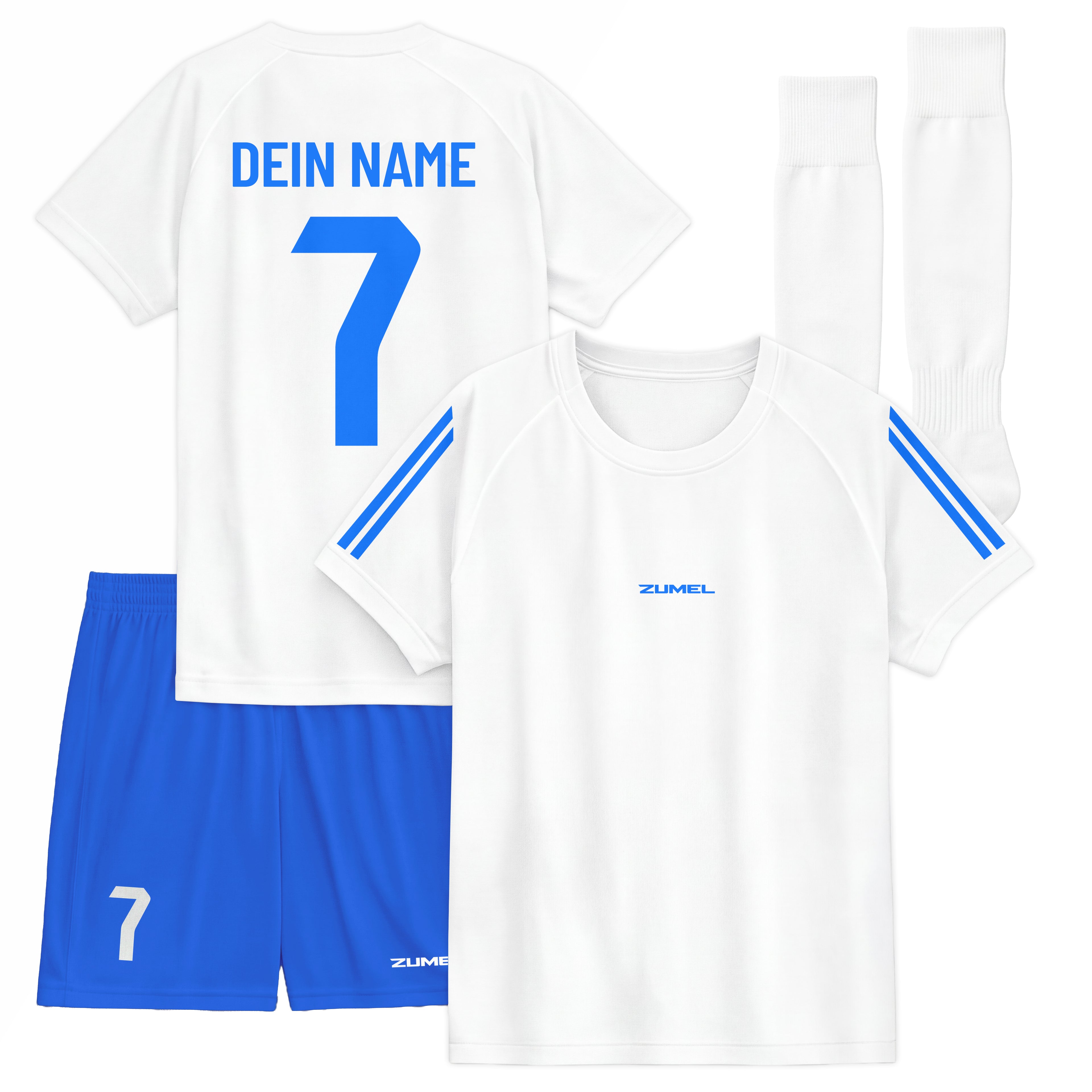 Personalisiertes Kinder-Fußball Set Weiß-Blau mit Name & Nummer